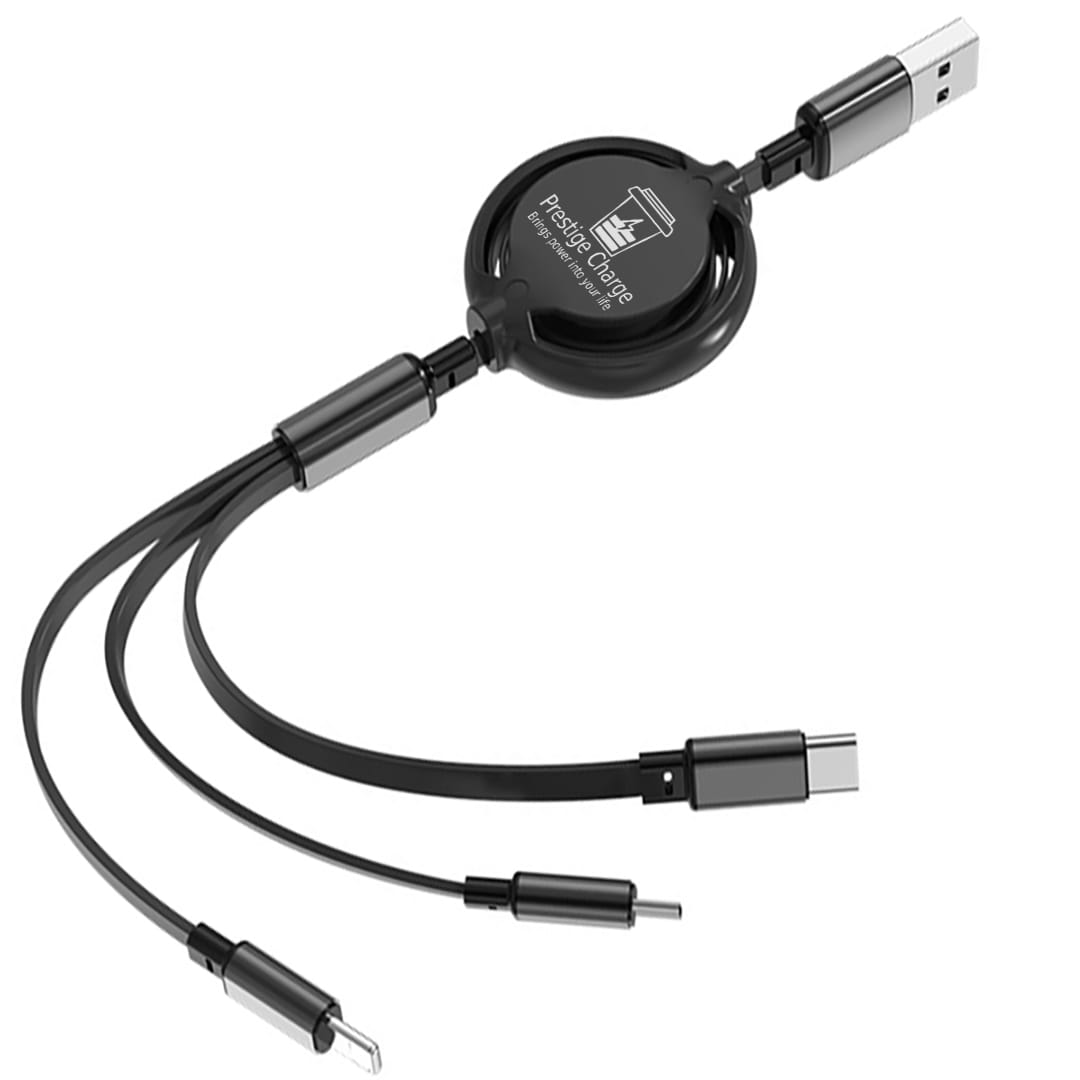 Cablu de Incarcare 3 in 1 Retractabil, PRESTIGE CHARGE, Type-C, Micro-USB si Lightning, incarcare 5V2A, pentru Auto si Calatorii, 1m, Negru
