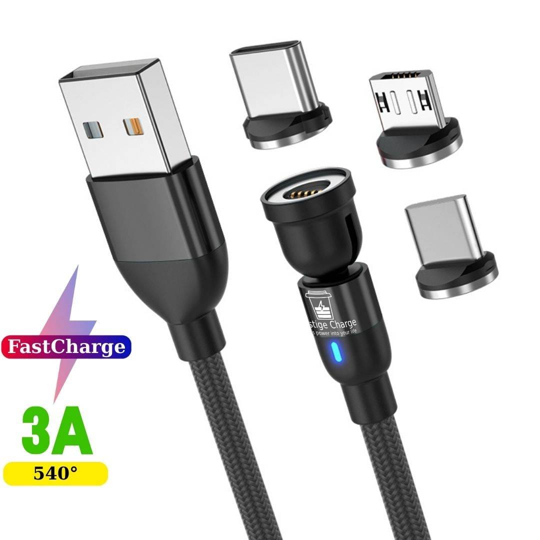 Cablu incarcare magnetic 3 in 1 PRESTIGE CHARGE, FastCharge QC 3.0 18W, USB la Type C, Lightning, Micro-USB, Rotire 180-360°, Negru, 2m