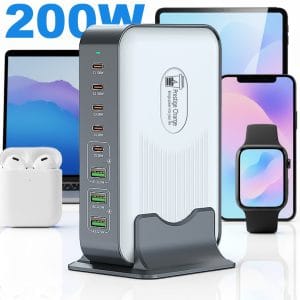 Statie Incarcare Rapida GaN 200W 8in1 PRESTIGE CHARGE, 5 x USB-C si 3 x USB-A QC 3.0,  PD 3.0 100W, pentru Laptop/Telefon/Tableta, Protectii Avansate,