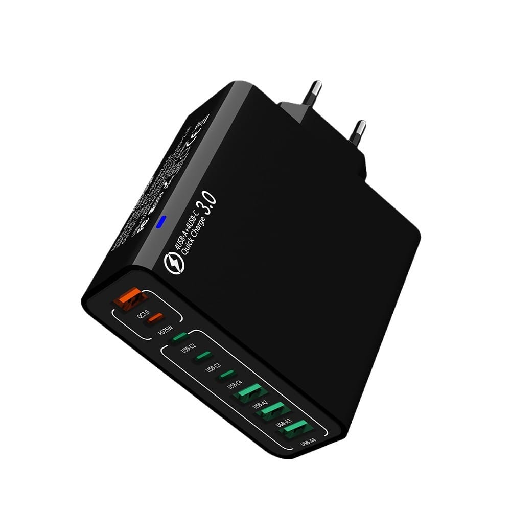 Incarcator Retea 8 in 1 PRESTIGE CHARGE, 58W FastCharge, 4 x USB si 4 x Type-C, PD 25W + QC 3.0, Universal , Ideal pentru Calatorii, Negru