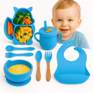 Set hrănire bebeluși ZEQAS, 6 luni+, 9 piese, silicon BPA free, albastru