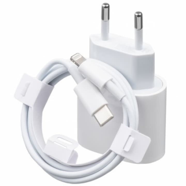Incarcator USB-C PD 20W FastCharge PRESTIGE CHARGE, Cablu Lightning 1m Inclus, Compatibil iPhone 11/12/13/14 Pro & ProMax si iPad, Alb
