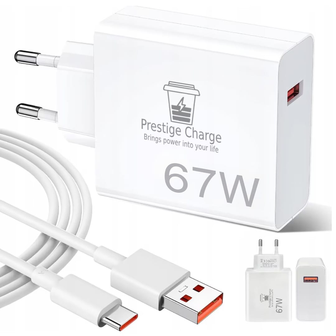 Incarcator Retea TurboCharge 67W, PRESTIGE CHARGE, Iesire USB, pentru Xiaomi, RedMi, BlackShark, Cablu USB la USB-C 6A Inclus, 2m, Alb
