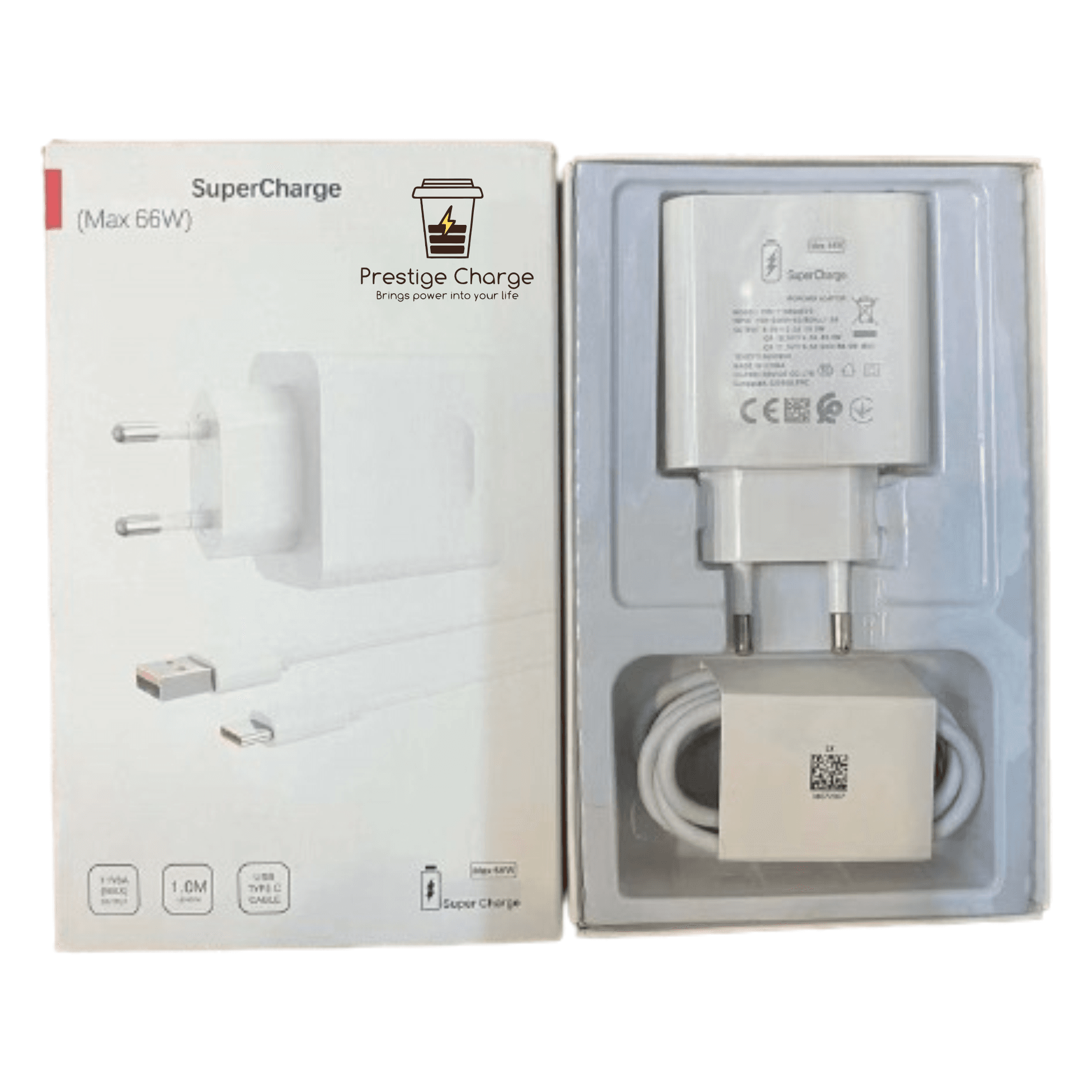 Incarcator Retea SuperCharge 66W PRESTIGE CHARGE, Iesire USB, pentru Huawei/Honor, Cablu USB la USB-C 6A Inclus, 1m, Alb