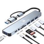 Hub 8 in 2 USB/USB-C PRESTIGE CHARGE, USB 3.0 5Gbps, 3*USB 2.0, USB-C, Cititor Card SD/TF, Audio Jack 3.5mm - Dock Laptop/Tableta, Carcasa Aluminiu