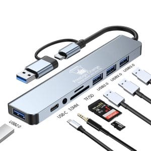 Hub 8 in 2 USB/USB-C PRESTIGE CHARGE, USB 3.0 5Gbps, 3*USB 2.0, USB-C, Cititor Card SD/TF, Audio Jack 3.5mm - Dock Laptop/Tableta, Carcasa Aluminiu