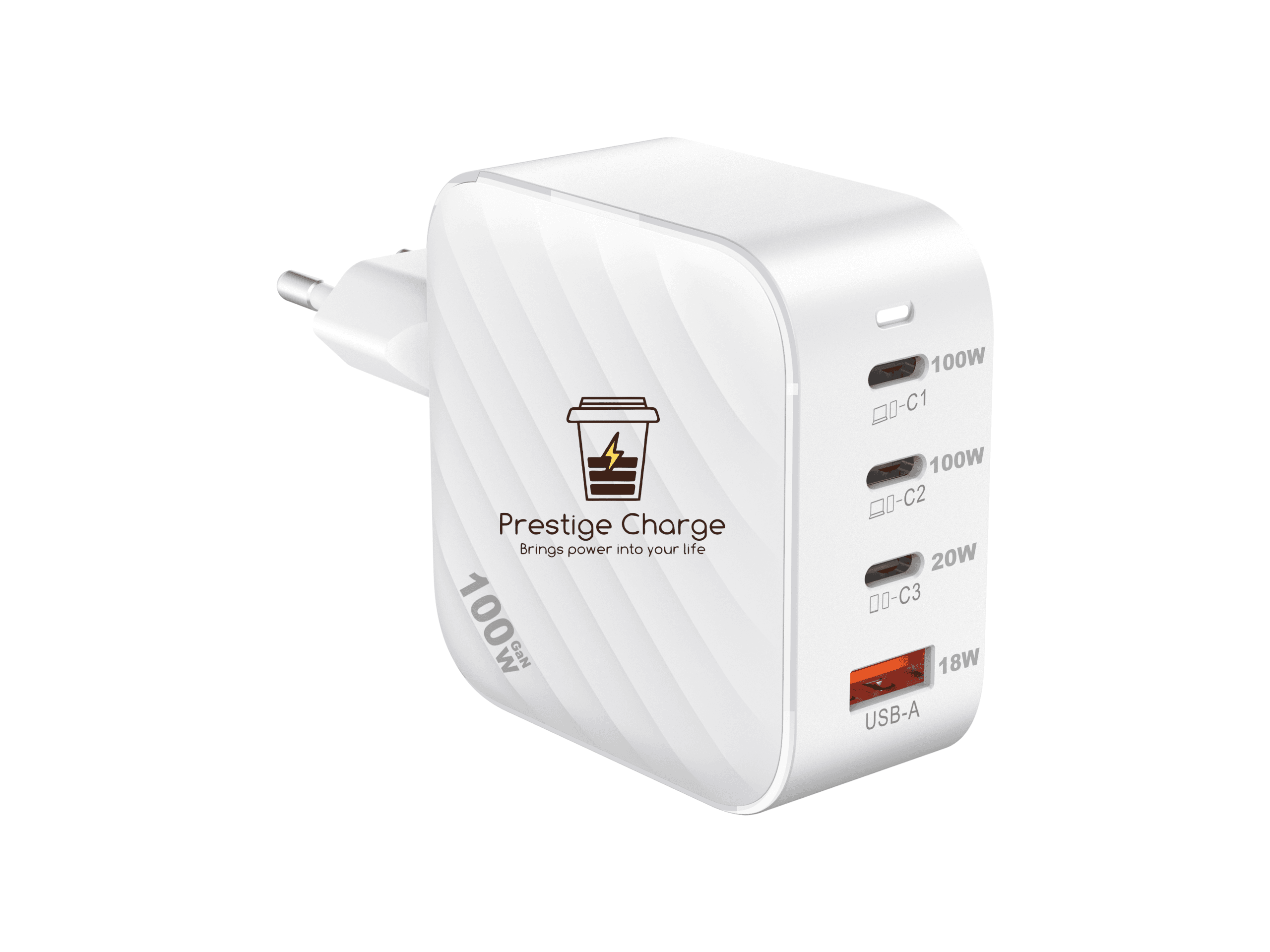 Incarcator Retea GaN QuatroMini 100W PRESTIGE CHARGE, 3 x USB-C PD + USB QC 3.0, Incarcare Simultana 4 Dispozitive, Design Compact, pentru Laptop si T