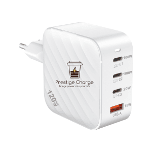 Incarcator retea GaN QuatroMini Plus 120W, PRESTIGE CHARGE, 3 x USB-C PD + USB QC 3.0, Incarcare Simultana 4 Dispozitive, Design Compact, pentru Lapto