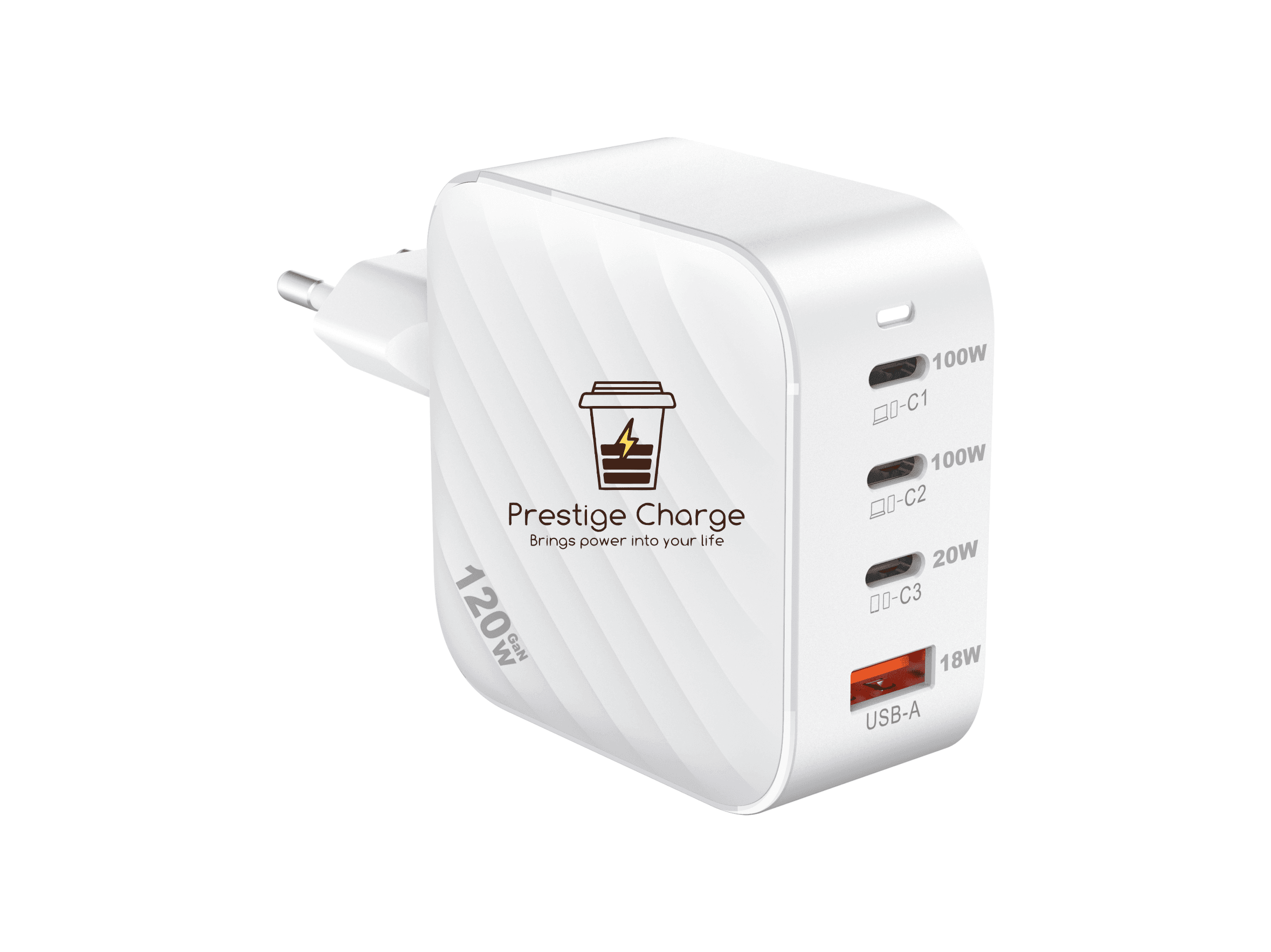 Incarcator retea GaN QuatroMini Plus 120W, PRESTIGE CHARGE, 3 x USB-C PD + USB QC 3.0, Incarcare Simultana 4 Dispozitive, Design Compact, pentru Lapto