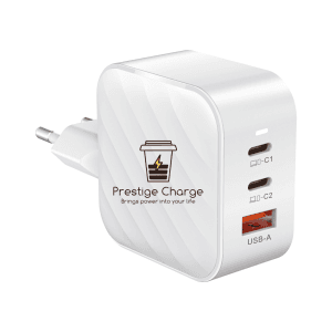 Incarcator Retea GaN TrioMini 65W PRESTIGE CHARGE, 2 x USB-C PD + USB QC 3.0, Incarcare Simultana 3 Dispozitive, Design Compact, pentru Laptop si Tele