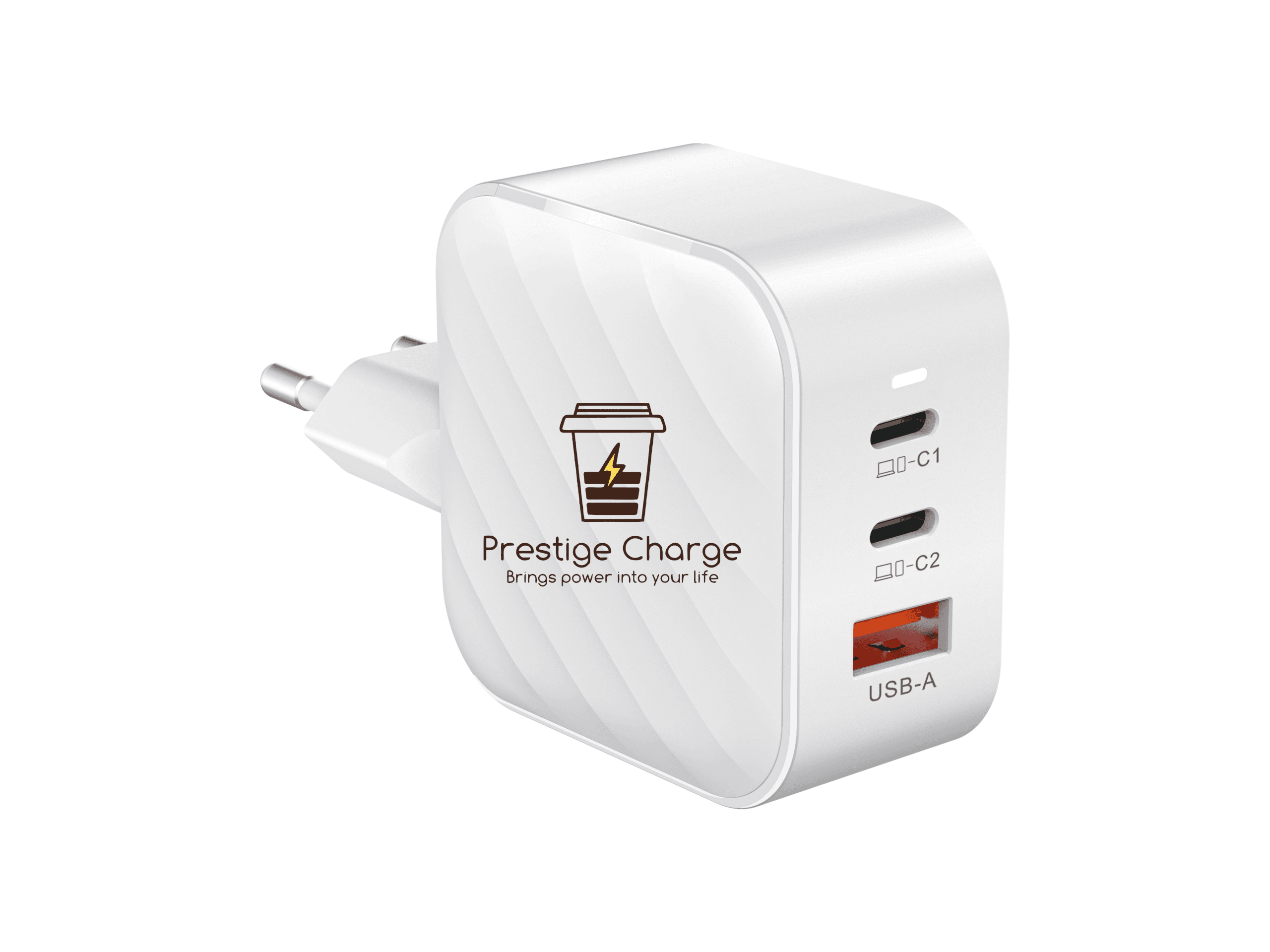 Incarcator Retea GaN TrioMini 65W PRESTIGE CHARGE, 2 x USB-C PD + USB QC 3.0, Incarcare Simultana 3 Dispozitive, Design Compact, pentru Laptop si Tele