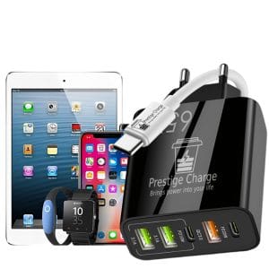 Incarcator Retea 5 Porturi PRESTIGE CHARGE, Total 65W Fast Charge, 2 x USB-C PD si 3 x USB,  Cablu USB-C la USB-C 60W Inclus, Compatibil Telefon/Table