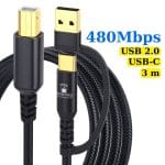 Cablu Imprimanta 2in1 PRESTIGE CHARGE, USB-A si USB-C la USB-B, Compatibil Laptop/PC/Telefon, Plug and Play, Transfer 480Mbps, 3m, Negru