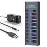 Hub USB 10 in 1 PRESTIGE CHARGE cu Buton ON/OFF, Aluminiu, 7 x USB 3.0 5Gbps + 1 x USB-C PD20W, 2 x USB QC 3.0 pentru Incarcare, Alimentator 72W Inclu