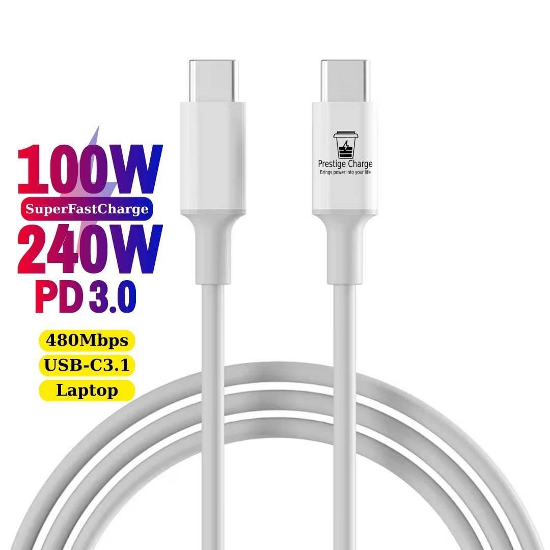 Cablu USB-C la USB-C 240W PD 3.1, PRESTIGE CHARGE, Transfer Date si Incarcare SuperFastCharge 2.0, Pentru Laptop/Telefon/Tableta, 1m, Alb