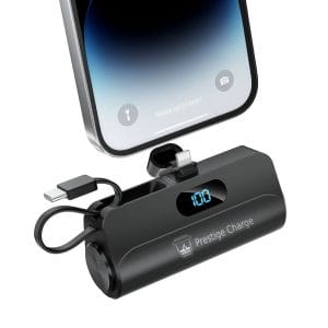 Baterie Externa nano, PRESTIGE CHARGE, 5.000 mAh, display LED, Lanterna, Cablu USB-C integrat, Port Lightning,  12.5W MAX, incarcare Telefon, Casti, N