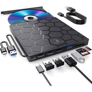 Hub USB cu DVD Writer Extern 8 in 1 PRESTIGE CHARGE, CD/DVD ±RW, USB-C/USB-A, SD/TF, Compatibil Laptop/PC/Mac, Cablu USB/USB-C integrat, Negru
