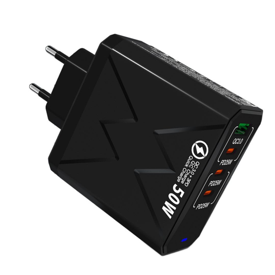 Incarcator Retea 4 in 1 PRESTIGE CHARGE, 50W FastCharge, 1 x USB si 3 x Type-C, PD 25W + QC 3.0, Incarcare Rapida Simultana, Compatibil iPhone/Samsung