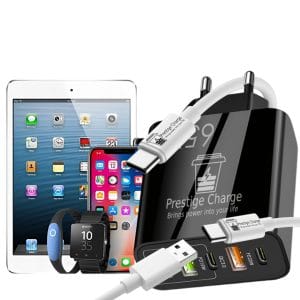 Incarcator Retea 5 Porturi PRESTIGE CHARGE, Total 65W Fast Charge, 2 x USB-C PD si 3 x USB, cu 2 Cabluri Incluse (USB-C la USB-C 60W + USB la USB-C 18