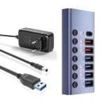 Hub USB 7 in 1 PRESTIGE CHARGE cu Buton ON/OFF, Aluminiu, 4 x USB 3.0 5Gbps + 1 x USB-C PD 20W, 2 x USB QC 3.0 pentru Incarcare, Alimentator 36W Inclu