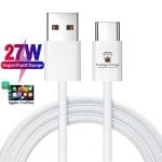 Cablu USB la USB-C, PRESTIGE CHARGE, Transfer Date si Incarcare FastCharge 27W, pentru iPhone 15/16/17 Pro & ProMax, compatibil CarPlay, Alb Textil, 1