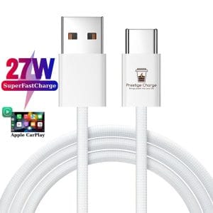 Cablu USB la USB-C, PRESTIGE CHARGE, Transfer Date si Incarcare FastCharge 27W, pentru iPhone 15/16/17 Pro & ProMax, compatibil CarPlay, Alb Textil, 1