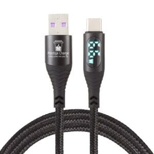 Cablu USB la USB-C PRESTIGE CHARGE, Transfer Date si Incarcare FastCharge 60W, cu Display, Compatibil Telefon, Tableta, Textil Premium, 2m, Negru