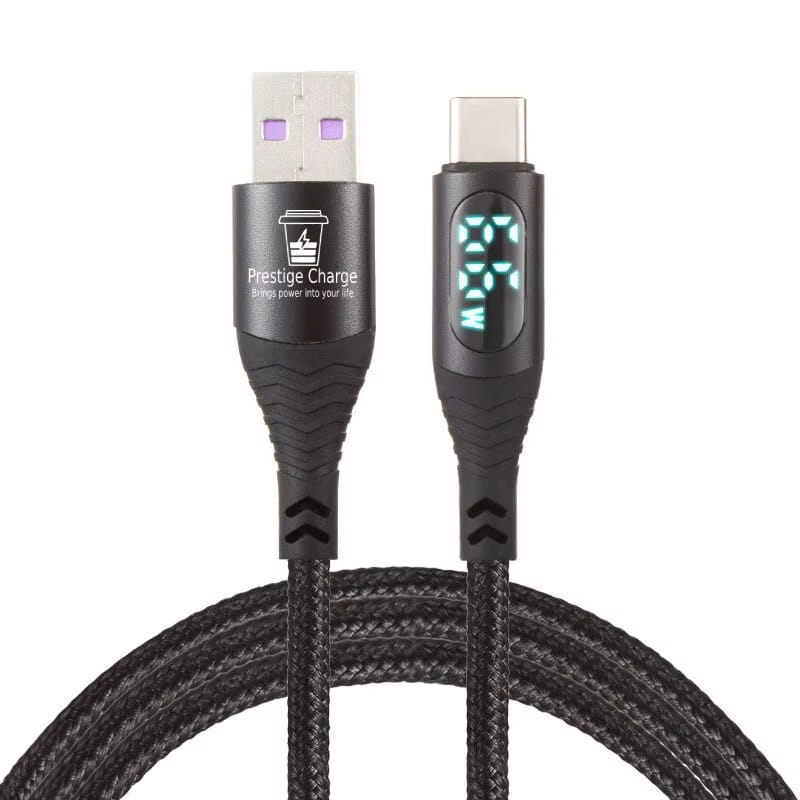 Cablu USB la USB-C PRESTIGE CHARGE, Transfer Date si Incarcare FastCharge 60W, cu Display, Compatibil Telefon, Tableta, Textil Premium, 2m, Negru