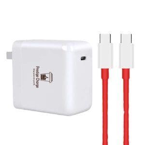 Incarcator Retea WarpCharge 65W, PRESTIGE CHARGE, Iesire USB-C, pentru OnePlus, Cablu USB-C la USB-C 6.5A (rosu) Inclus, 1m, Alb