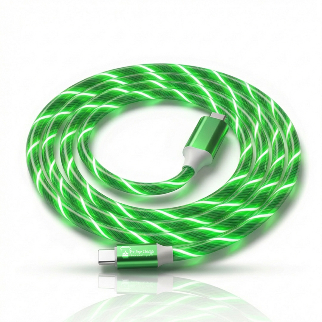 Cablu Date si Incarcare USB-C la USB-C, PRESTIGE CHARGE®, LED Luminos Verde, PD 20W Fast Charge, Universal, Compatibil CarPlay, AndroidAuto, Apple, iP