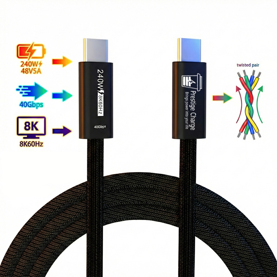 Cablu Premium USB-C 240W PRESTIGE CHARGE®, Transfer 40Gbps, Video 8K@60Hz, compatibil Thunderbolt 4, E-Marker, pentru Conectare Monitor Extern, Laptop