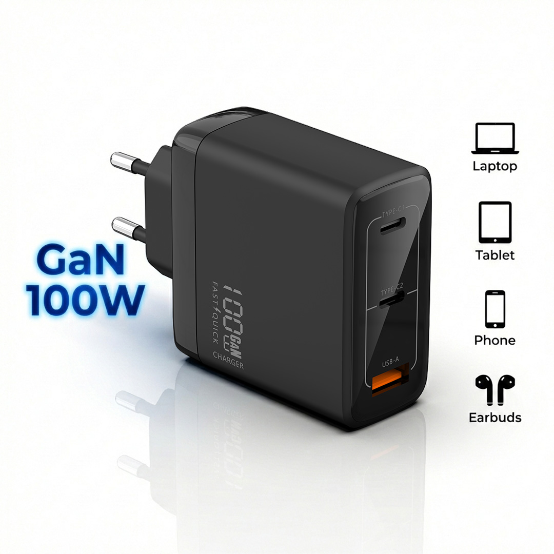 Incarcator Retea Rapid TrioMini 100W GaN, PRESTIGE CHARGE®, 3 Porturi (2x USB-C si 1x USB-A), Super Fast Charge, PD 3.0, QC 3.0, Incarcare Simultana,