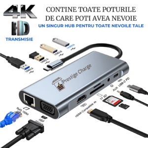 HUB USB-C 11 in 1, PRESTIGE CHARGE,  HDMI 4K, VGA, Ethernet, PD 100W , USB 3.0 5Gbps, 3*USB 2.0,  Audio Jack 3.5mm, cititor card SD/TF, argintiu