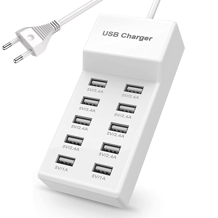 Statie Incarcare USB 50W PRESTIGE CHARGE, Incarcare Simultana 10 Dispozitive, Cablu 80cm, Alb