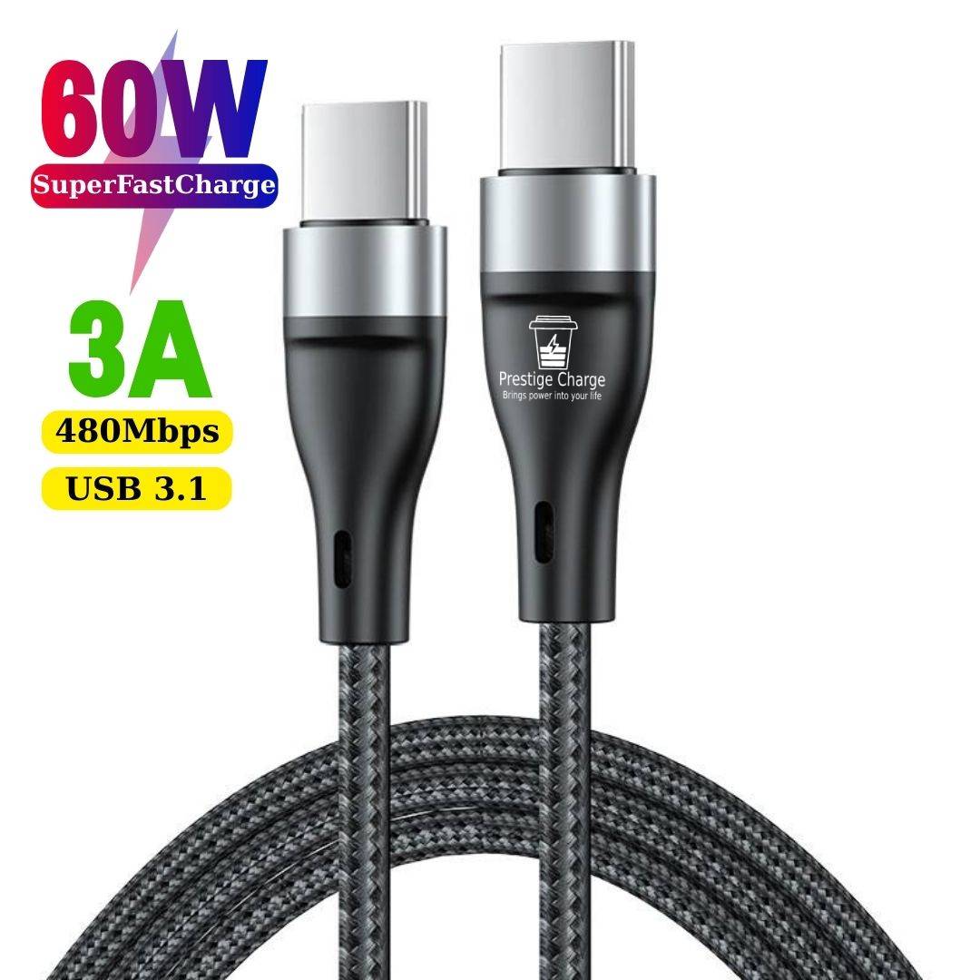 Cablu USB-C la USB-C PD 60W PRESTIGE CHARGE, Transfer Date si Incarcare SuperFastCharge 25W/45W, Compatibil iPhone 15/16/17, Samsung si Tableta, 1m, G