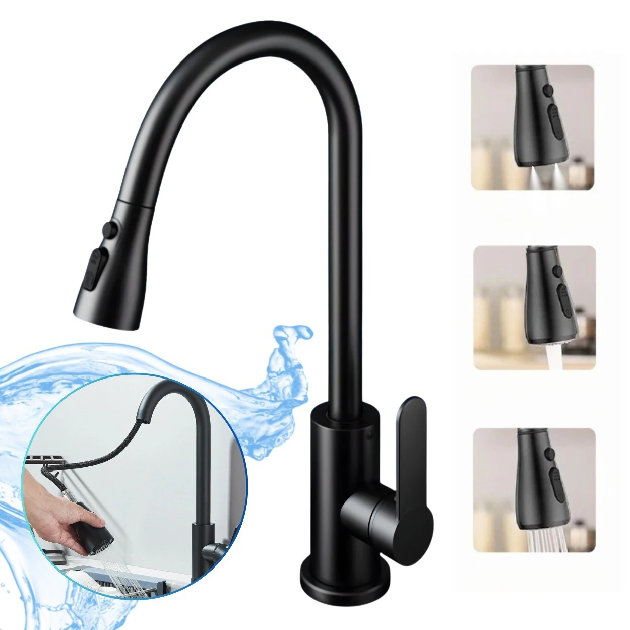 Baterie Bucatarie Pipa Extractibila, 3 Jeturi Multifunctional, Furtune incluse, 3 Moduri Pentru Spalat Rapid si Clatire Eficienta, Cap Retractabil, Ot