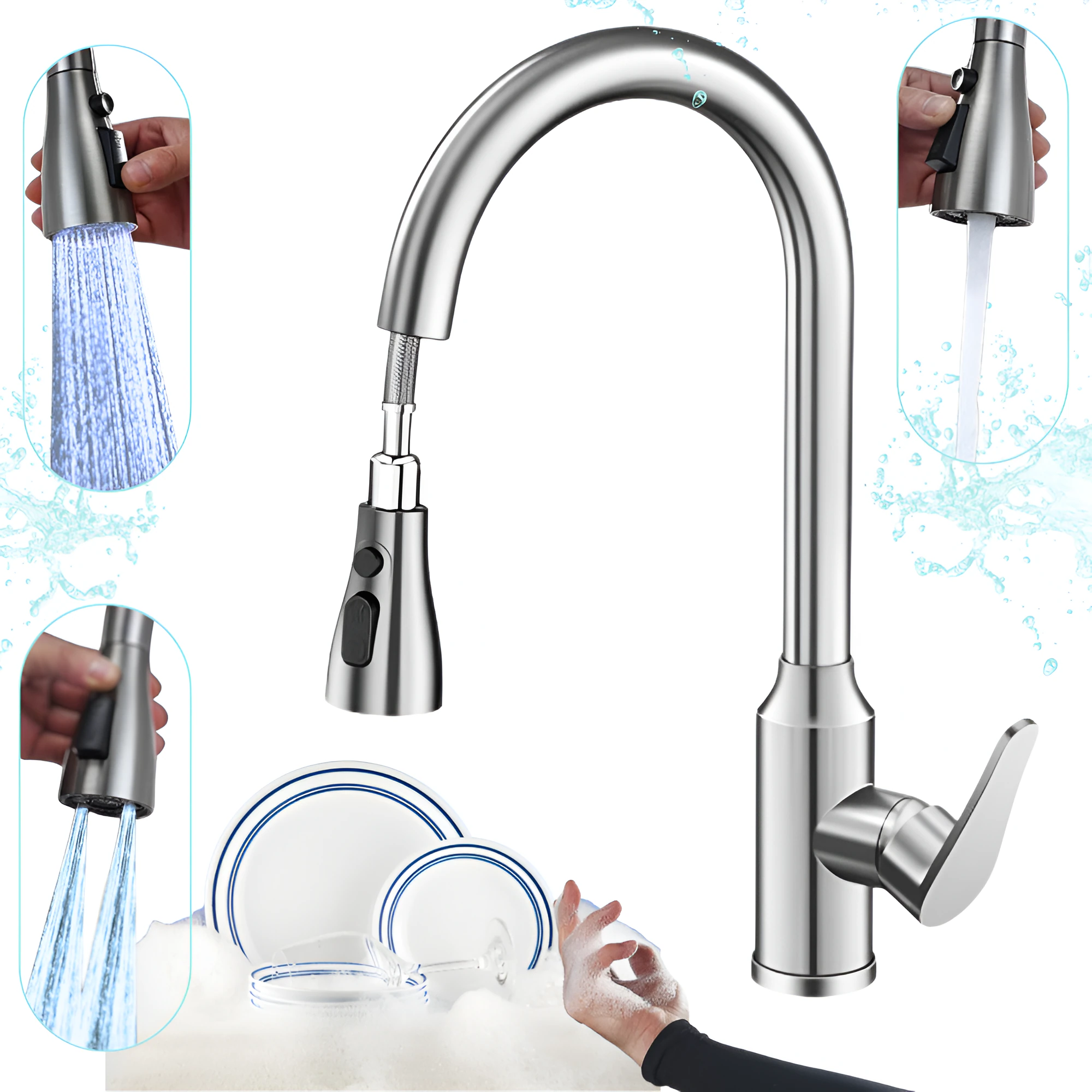 Robinet Bucatarie Tragere Extensibila, Otel Inoxidabil 304, 3 Moduri Jet Apa Reglabil, Cap Retractabil, Rezistent Coroziune, Instalare Pe Punte, Desig