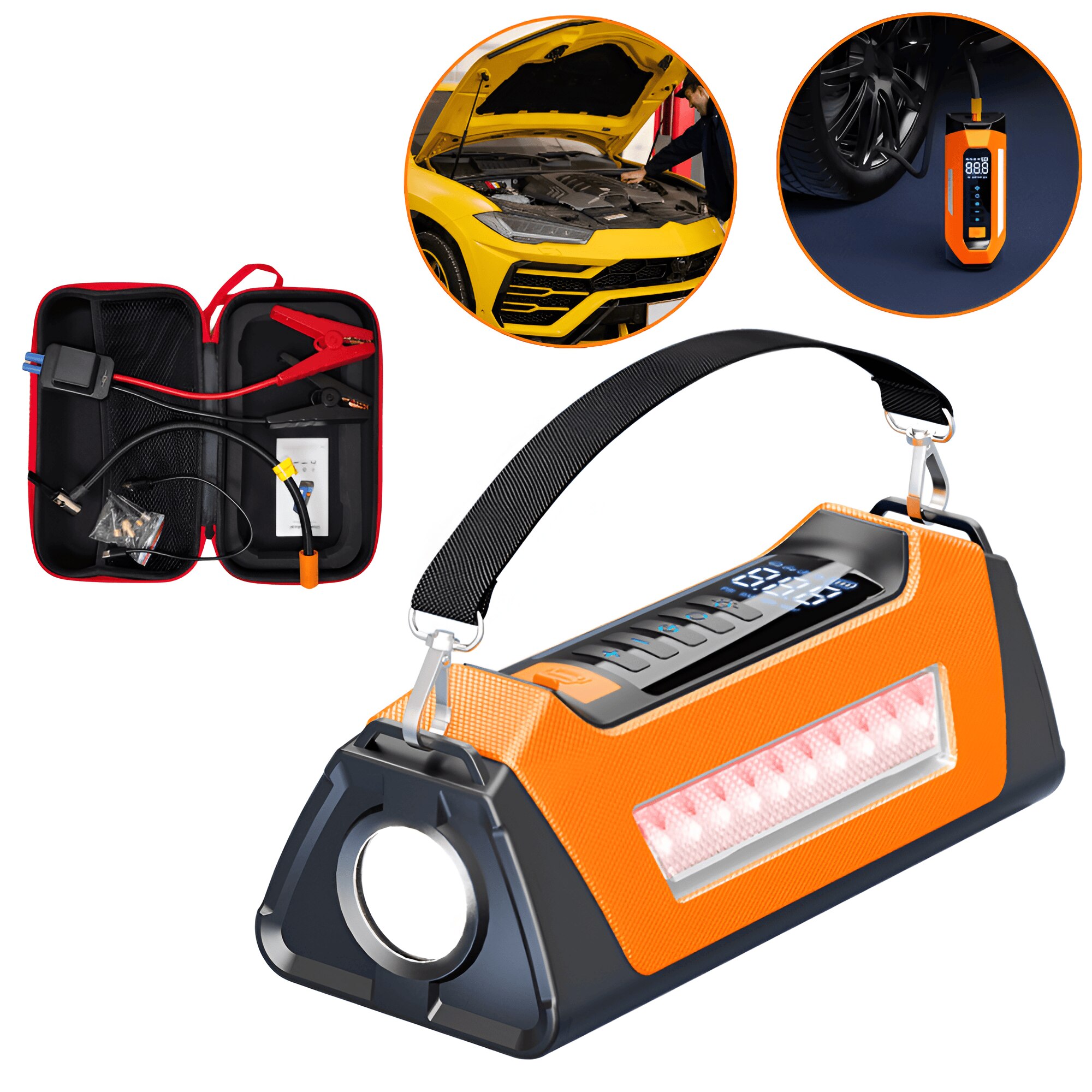 Statie de Pornire Auto 4 in 1, 12000mAh, Booster Baterie 12V/24V, Compresor Anvelope, Power Bank Wireless, Lanterna LED Urgenta cu Iluminare Flash, Po