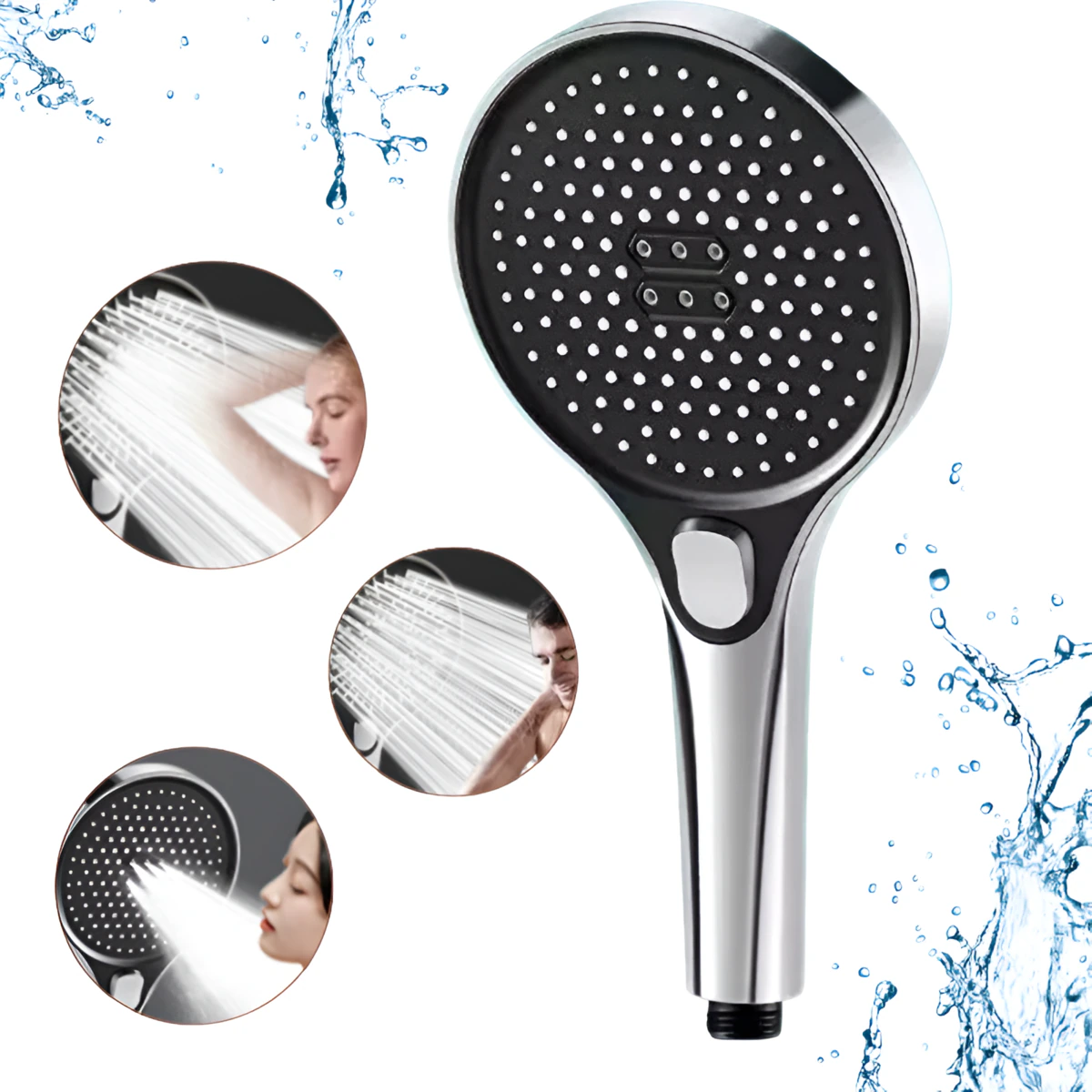 Cap Dus Presurizat Para 3 Functii cu Suport Autoadeziv Fara Gaurire, Jet Reglabil, ABS Cromat, Instalare Rapida fara Unelte, Compatibil Universal G1/2