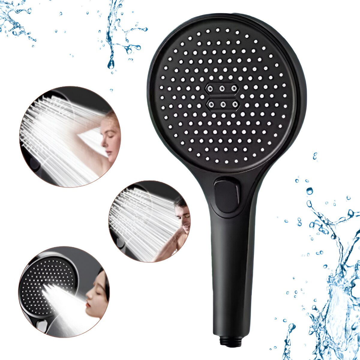 Cap Dus Presurizat Para 3 Functii cu Suport Autoadeziv Fara Gaurire, Jet Reglabil, ABS Negru, Instalare Rapida fara Unelte, Compatibil Universal G1/2,