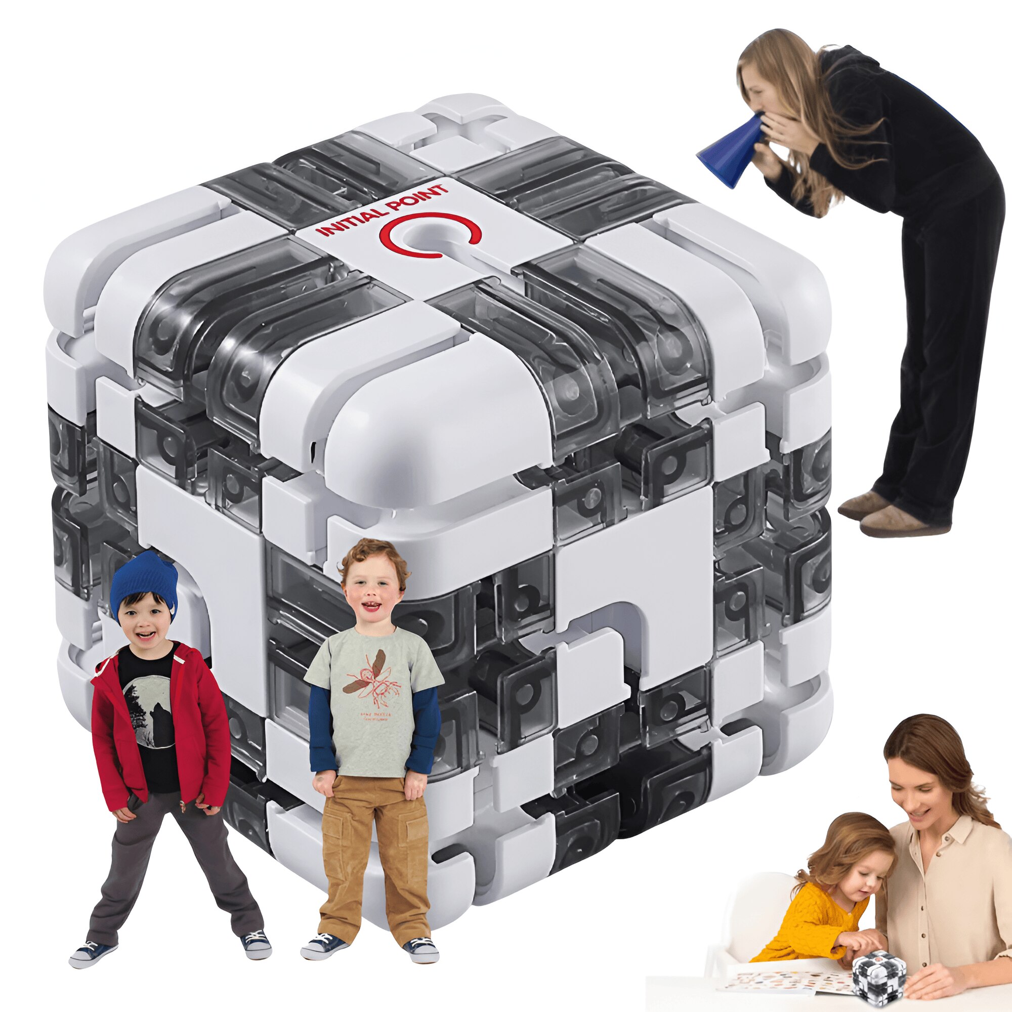 Jucarie Interactiva Copii, Cub Labirint Educativ cu Bila Rulanta, Dezvoltare Cognitiva, Coordonare Mana-Ochi, Material ABS Rezistent, Alb Gri, 10x10x1