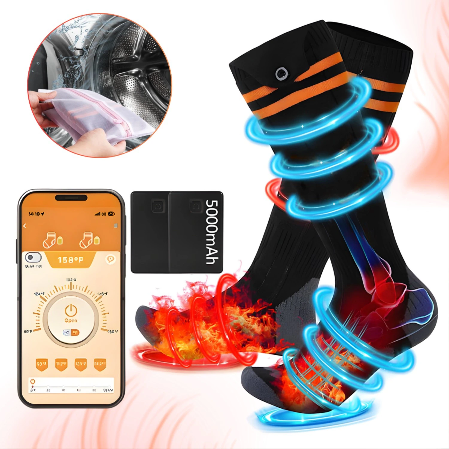 Sosete Incalzite Electric, Autonomie Extinsa 5000mAh, Pana la 9 Ore, Temperatura Reglabila, 4 Niveluri, Material Bumbac Moale, Lavabile, Elastic, pent