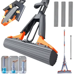 Mop 38cm cu 3 Bureti Super Absorbanti, 38cm latime, Maner Telescopic, 3 Rezerve Incluse, Sistem Stoarcere Automat Hands-Free, Curatare Rapida si Efici